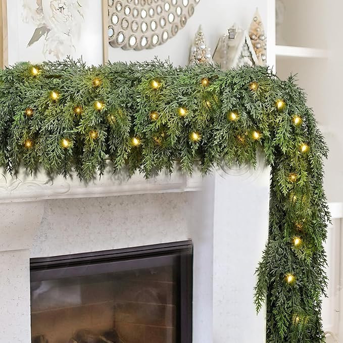 9FT Thick Christmas Garlands with 240 Cedar Branches, 50 Lights, Green Cedar Garland for Christma... | Amazon (US)