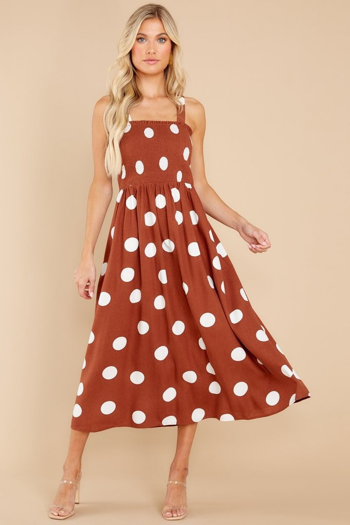 Steal The Spotlight Brown Polka Dot Dress | Red Dress 