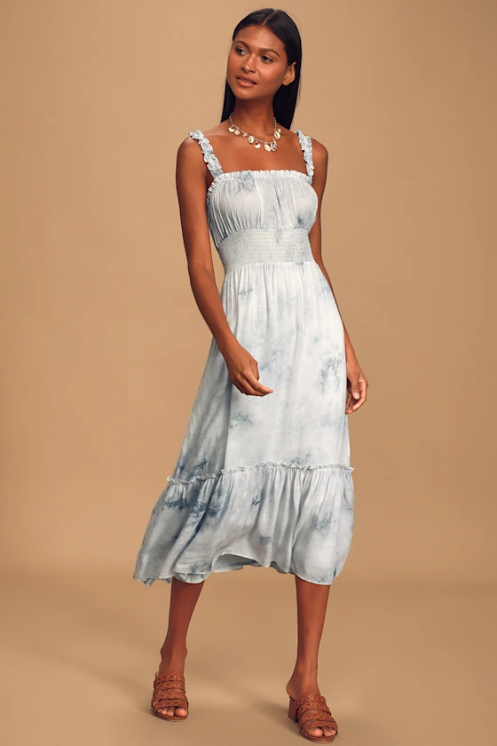 Ruffle Luck Blue Tie-Dye Ruffled Midi Dress | Lulus