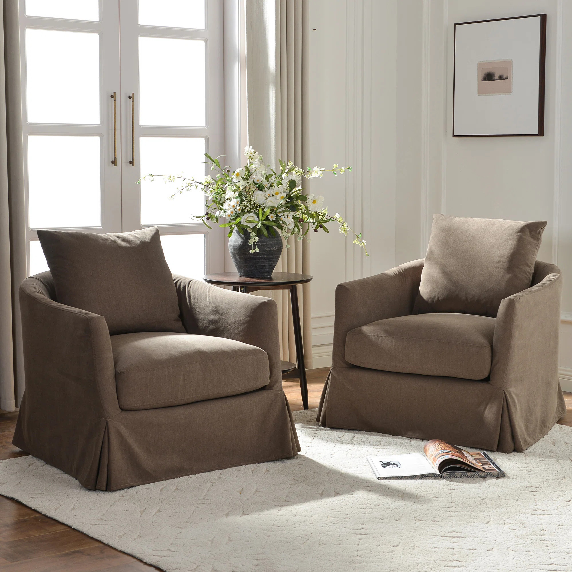 32" Wide Down Fill Upholstered Slipcovered Swivel Barrel Armchair Set of 2 | Wayfair North America