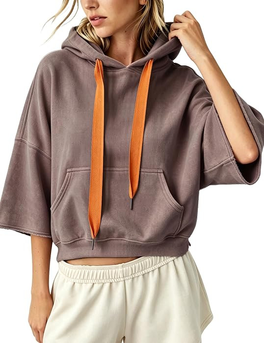 Megfie Womens Cropped Three Quarter Sleeve Hoodie Cotton Washed Sweatshirts | Amazon (US)