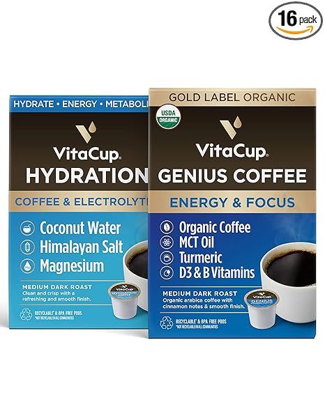 VitaCup Hydration Coffee Pods w/Electrolytes, Coconut Water, Medium Roast 18ct & Genius Organic G... | Amazon (US)