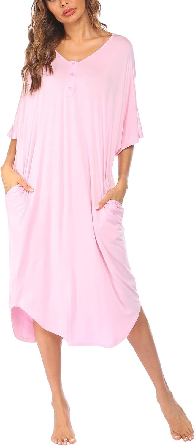 Ekouaer Nightgowns for Women Button-down Sleepwear Short Sleeve Nightshirt Plus Size Night Wear S... | Amazon (US)