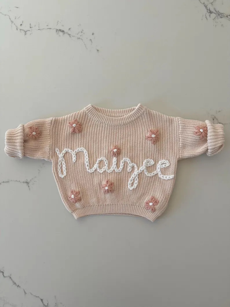 Hand Embroidered Baby/toddler Name Sweater in Cream With White Yarn and Pink Flowers - Etsy | Etsy (US)