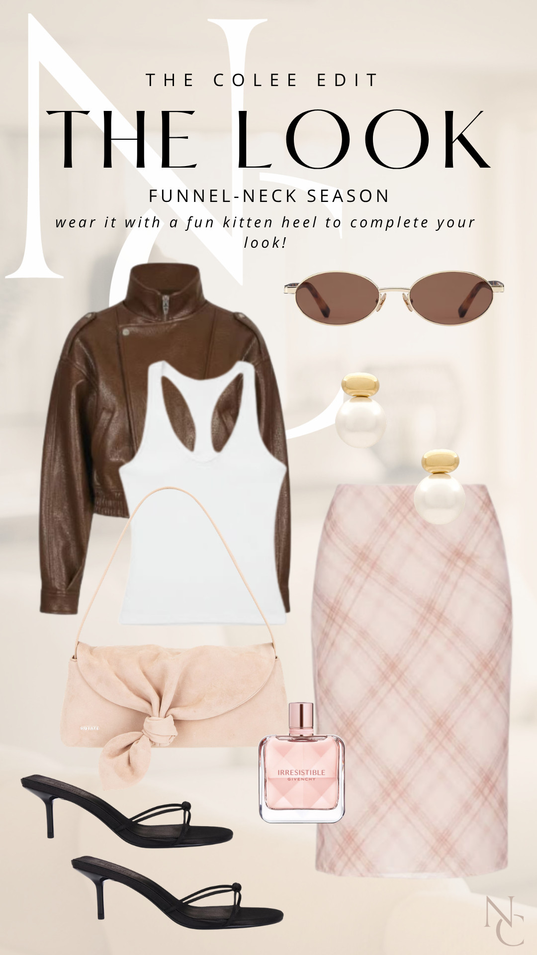 FUNNEL-NECK SEASON 🤎
Funnel necks are having a moment and I am HERE for it. 🤎 Pairing this chocolate leather jacket with a crisp white tank + soft pink plaid skirt, then finishing it with a kitten heel because a little unexpected contrast always makes the look better. Feminine, polished and just edgy enough. Everything linked here! ✨ 

 #LTKdayinmylife #LTKgrwm #LTKootd
