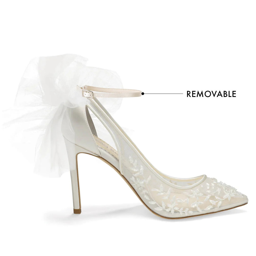 4-Inch Ivory Lace Heels with Removable Ankle Straps and Bows | Bella Belle Shoes