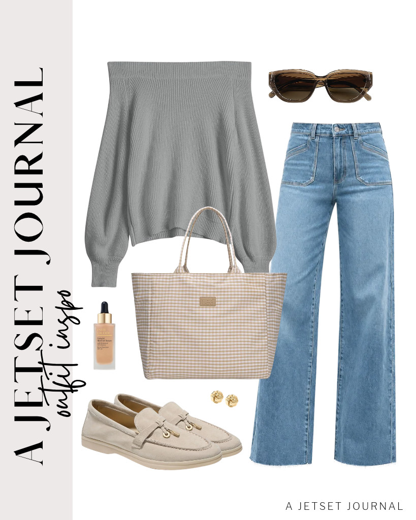 For this light gray off-the-shoulder knit sweater from ZAFUL, paired with Cicy Bell wide-leg jeans, you can wear these light sand suede Project Cloud loafers. This fit goes well with the Montana West Lee Gingham tote bag, too. Accessorize with SOJOS sunnies and PAVOI love-knot stud earrings. 

 #LTKSeasonal #LTKSaleAlert #LTKTravel