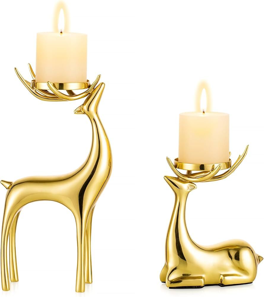 Sziqiqi Gold Reindeer Candle Holder for Pillar Candles Brass Reindeer Tealight Candle Holders Cop... | Amazon (US)