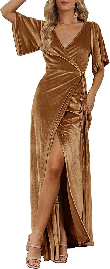 MEROKEETY Women's V Neck Wrap Velvet Maxi Dress Bell Sleeve Split Bridesmaid Cocktail Party Dress... | Amazon (US)