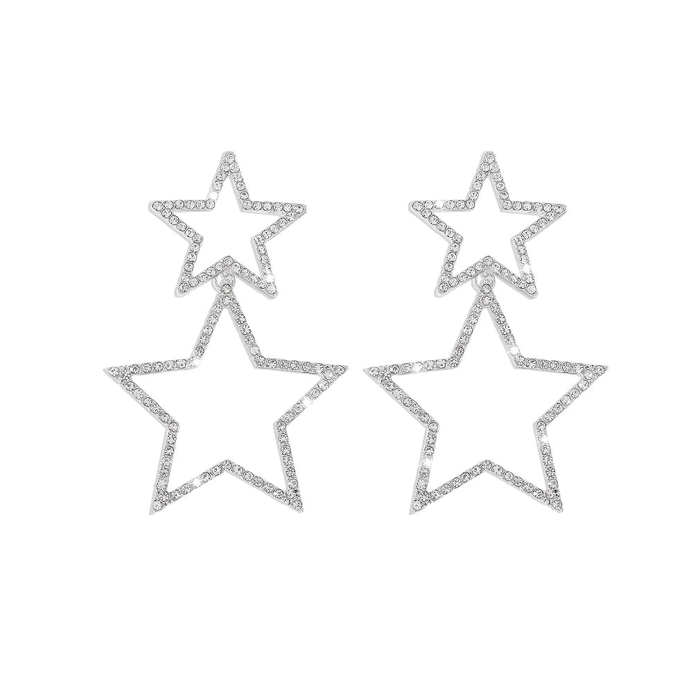 Star Earrings - Silver Double Star Dangle Earrings for Women - Sparkle Rhinestone Stars - Festiva... | Amazon (US)
