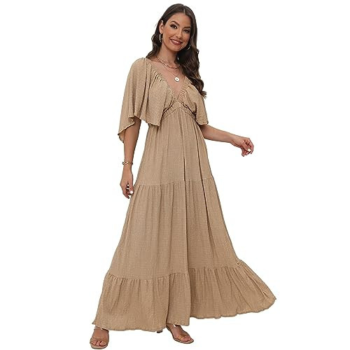 Women's Summer V-Neck, Tiered Silhouette with Flutter Sleeves Maxi Dress (as1, alpha, xx_l, regular, regular, GA) | Amazon (US)