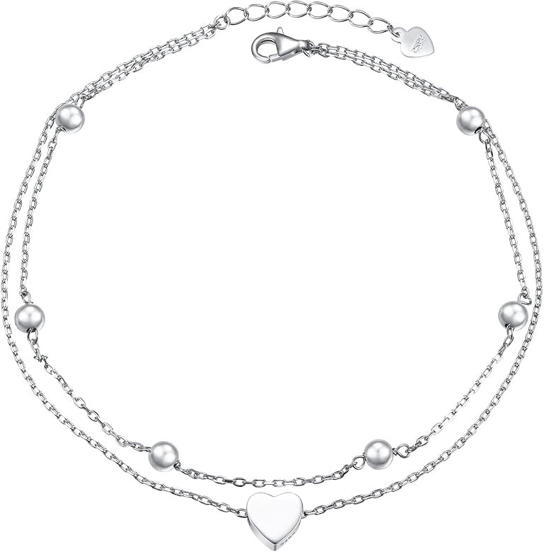 FLYOW Anklet for Women S925 Sterling Silver Adjustable Foot Beaded Heart Charm Ankle Bracelet Ank... | Amazon (US)