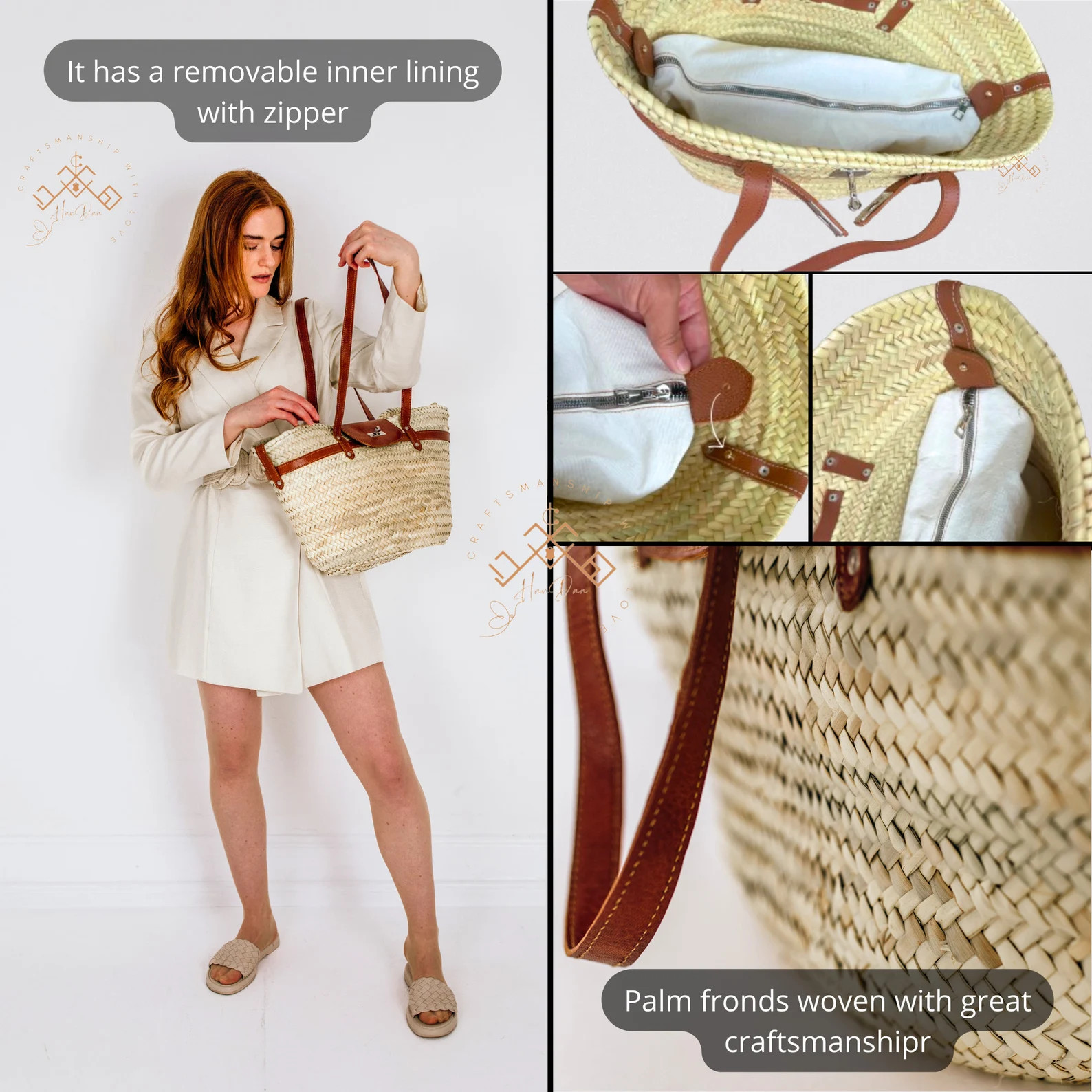 handmade large straw french baskets with leather straps, straw basket bag with leather handles, w... | Etsy (US)