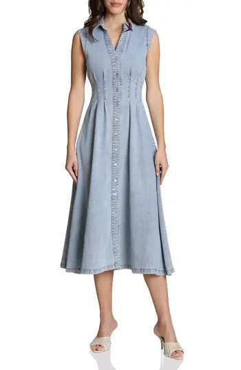 Avec Les Filles Pleated Denim Midi Dress in White Blue Wash at Nordstrom Rack, Size 8 | Nordstrom Rack