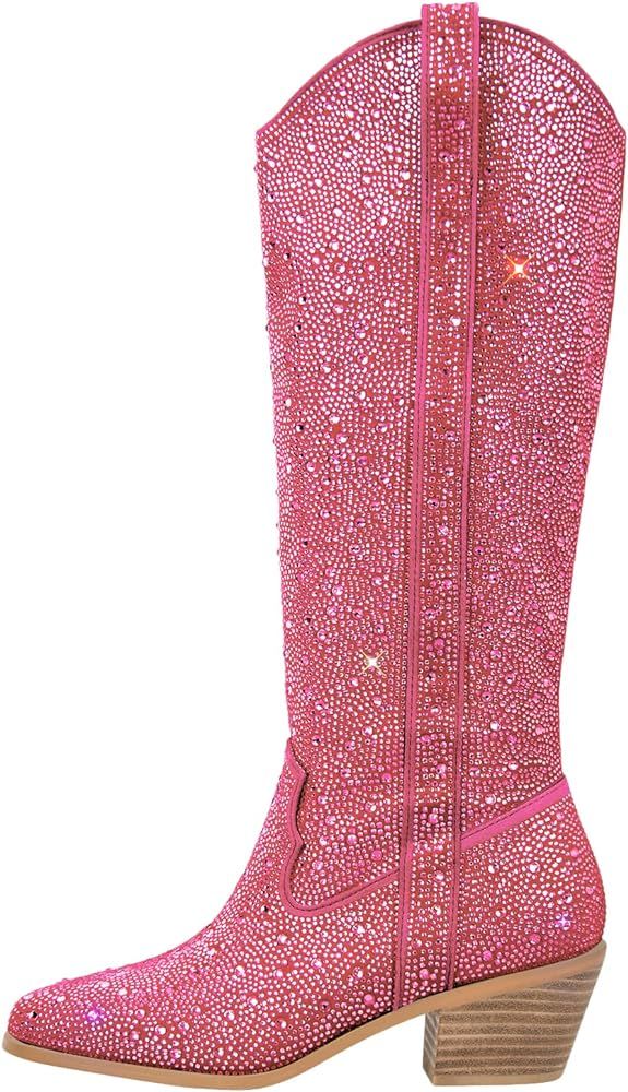 MissHeel Sparkly Rhinestones Knee High Boots Chunky Heels | Amazon (US)