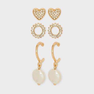 Stud Pearl Heart Clear Stones Gold Earrings 3pc - A New Day™ Gold: Hypoallergenic Jewelry, Nickel-Free Metal | Target