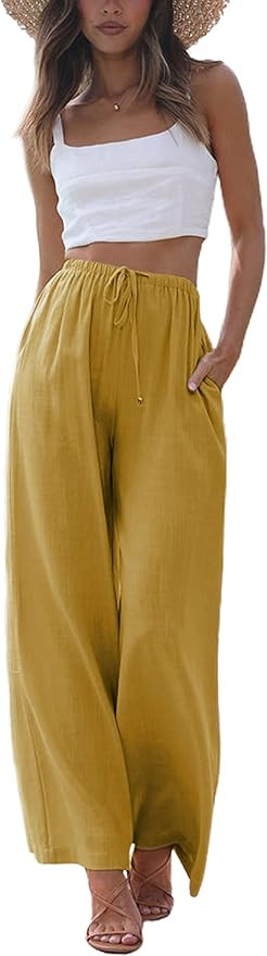 Faleave Women's Cotton Linen Summer Palazzo Pants Flowy Wide Leg Beach Trousers with Pockets | Amazon (US)