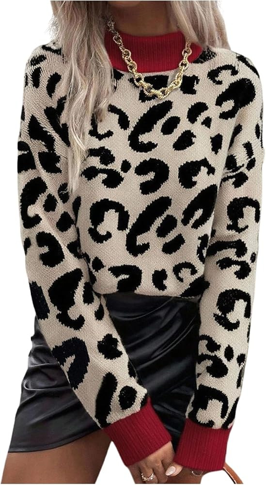 Women's Y2k Leopard Sweaters Cheetah Long Sleeve Mock Neck Pullover Knit Tops Knitwear | Amazon (US)