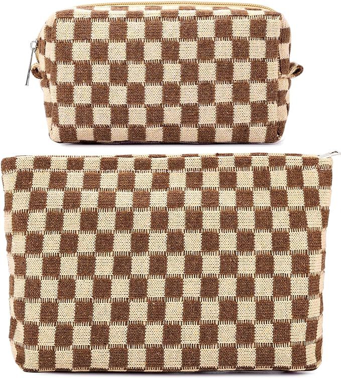 ZLFSRQ 2Pcs Checkered Makeup Bag for Women Large and Small Capacity Brown Cosmetic Bag Set Travel... | Amazon (US)