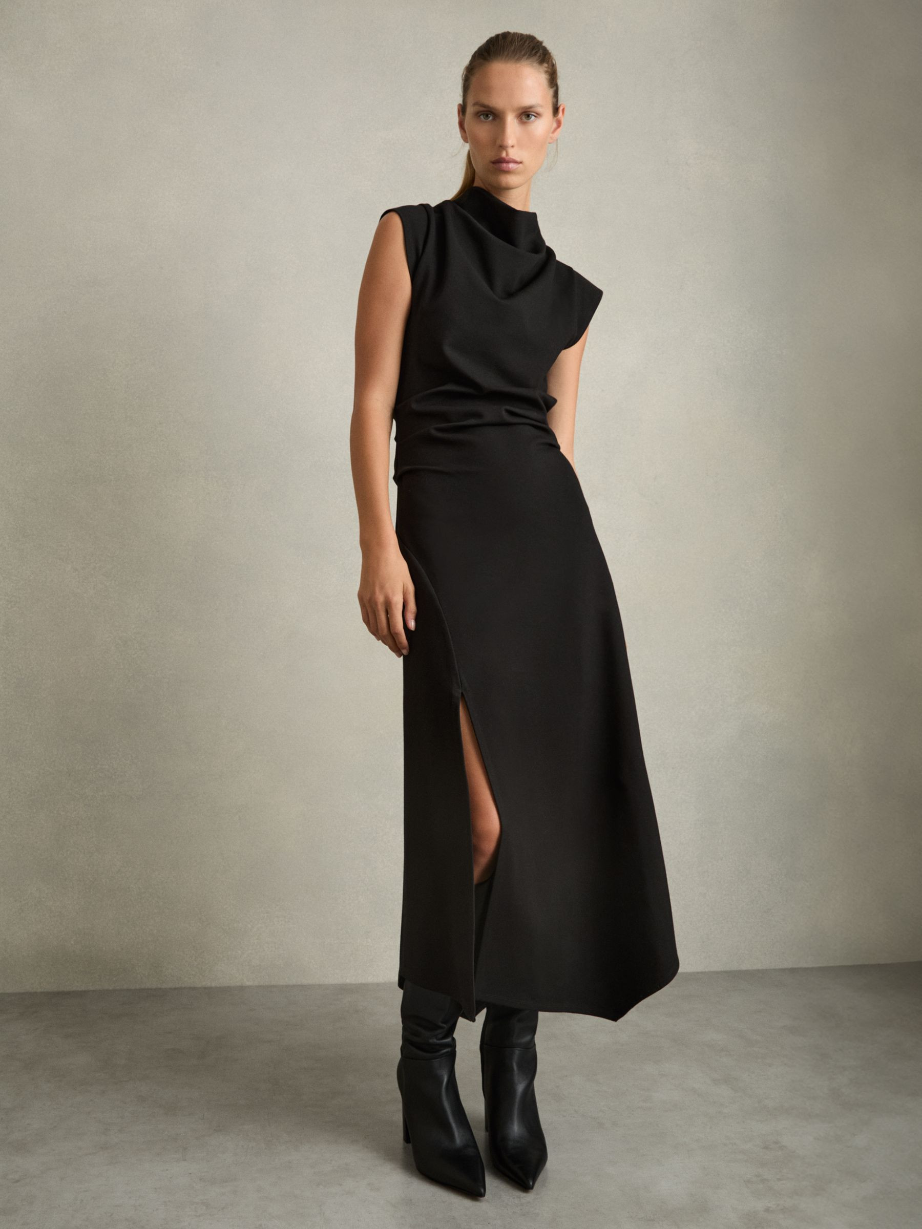 Twill-Jersey Draped Midi Dress in Black | Reiss US