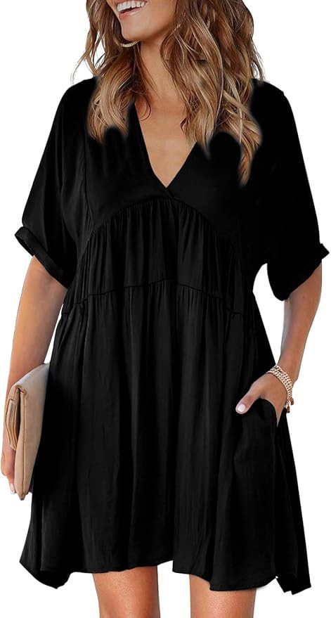 TIKSAWON Women's V Neck Tie Back High Waist Ruffle Flowy Swing Summer Dress | Amazon (US)