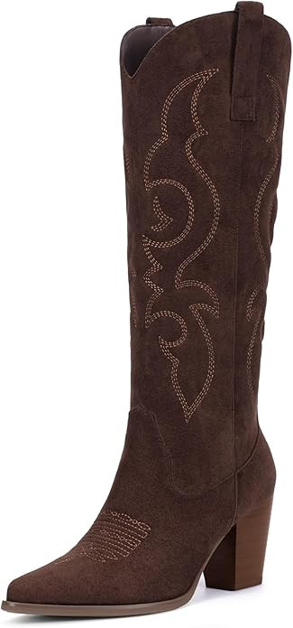 Pasuot Suede Cowboy Boots for Women - Western Knee High Cowgirl Boots with Side Zipper, Retro Poi... | Amazon (US)