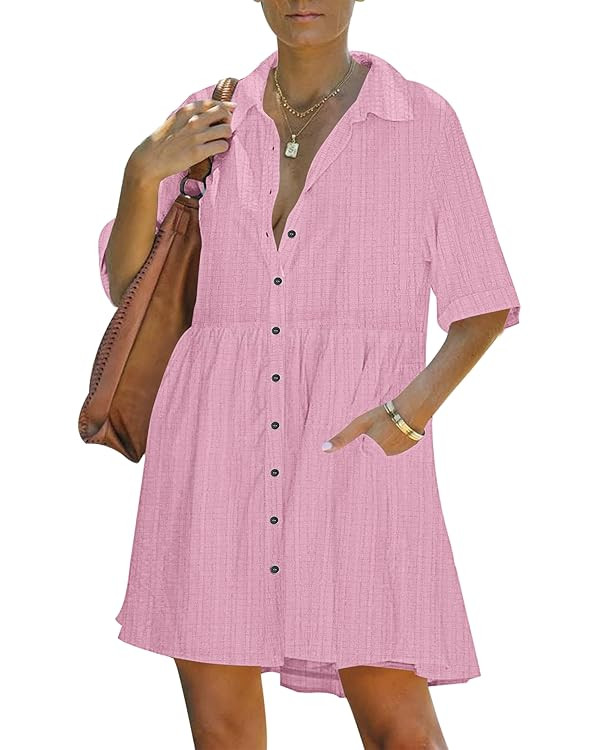 PYGFEMR Women's Summer Dress 2025 Short Sleeve Babydoll Tiered Button Down T Shirts Dresses with ... | Amazon (US)