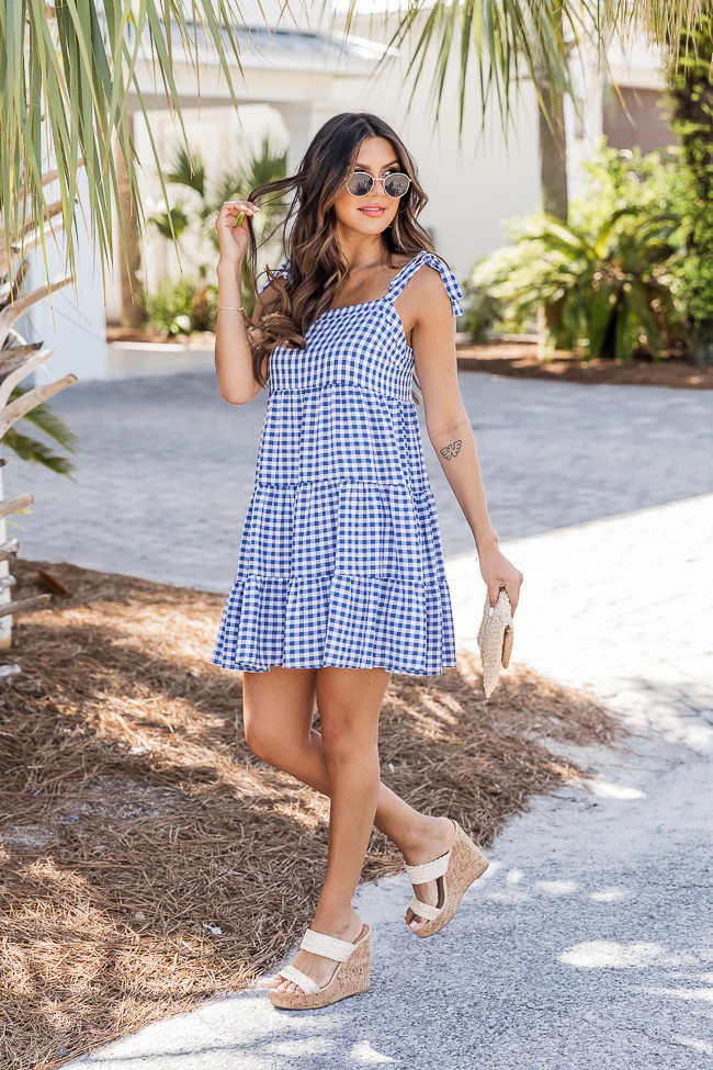 Morning Grace Navy Tie Sleeve Gingham Mini Dress | Pink Lily