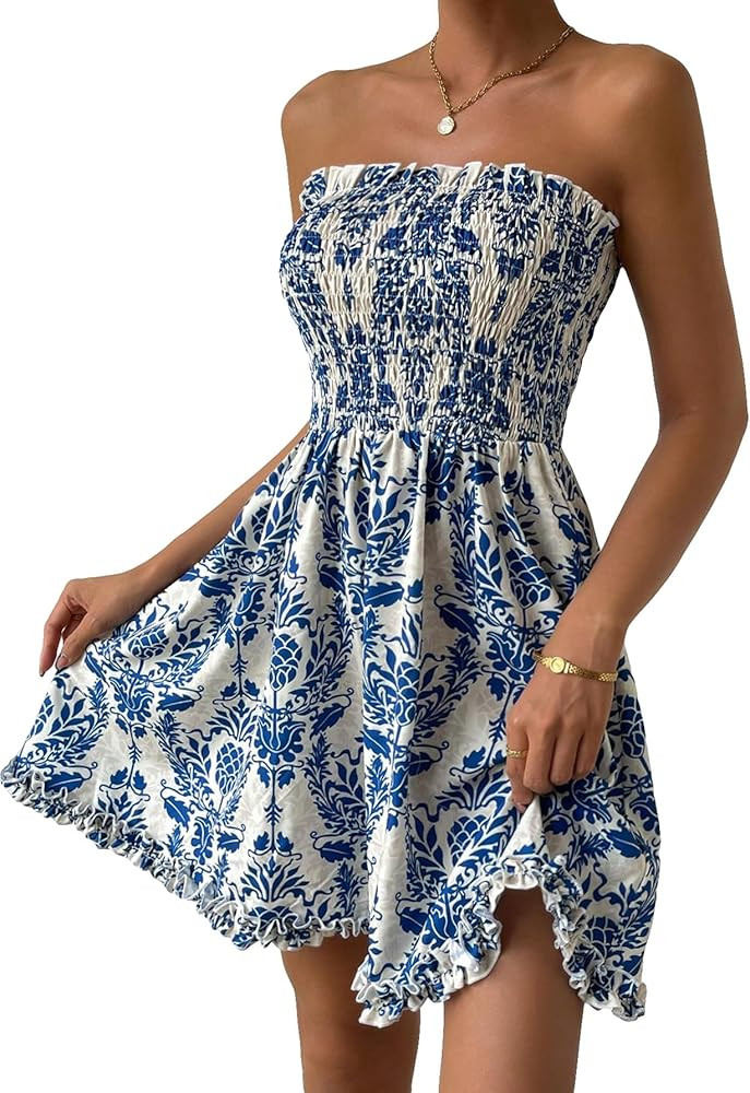 Floerns Women's Allover Print Strapless Bandeau Tube Flared Boho A Line Dress | Amazon (US)