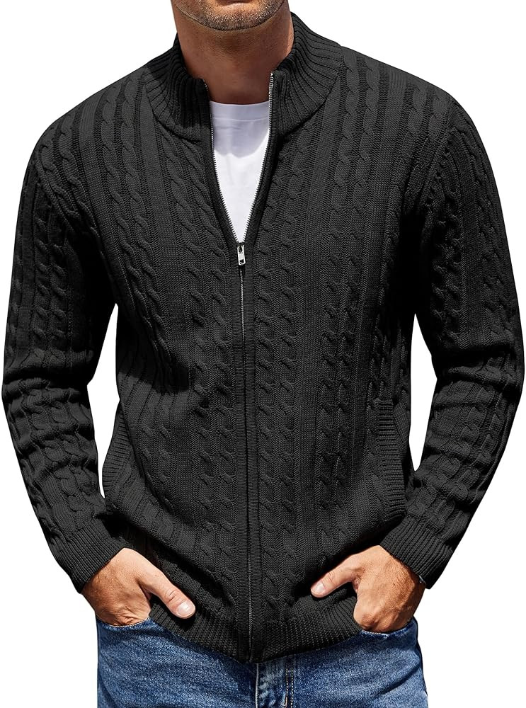 COOFANDY Men's Full Zip Cardigan Sweater Cable Knitted Slim Fit Zip Up Sweaters Long Sleeve Sweat... | Amazon (CA)