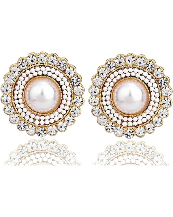 Cream Dome Big Pearl Stud Earrings, Crystals Rhinestones Art Vintage Earrings with Wedding Style | Amazon (US)