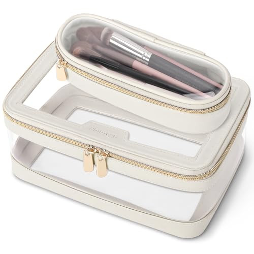 Soimeat Travel Clear Makeup Bag with Makeup Brush Bag, Leather Make up Case Toiletry Bag, Portable Cosmetic Bag Case, Transparent Waterproof Cosmetic Organizer Storage Bag for Women, Off-White | Amazon (US)