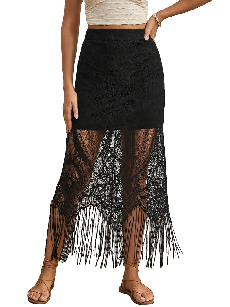 WDIRARA Women's Boho Solid Fringe Hem Lace See through High Waisted Casual Overlay Long Skirt | Amazon (US)