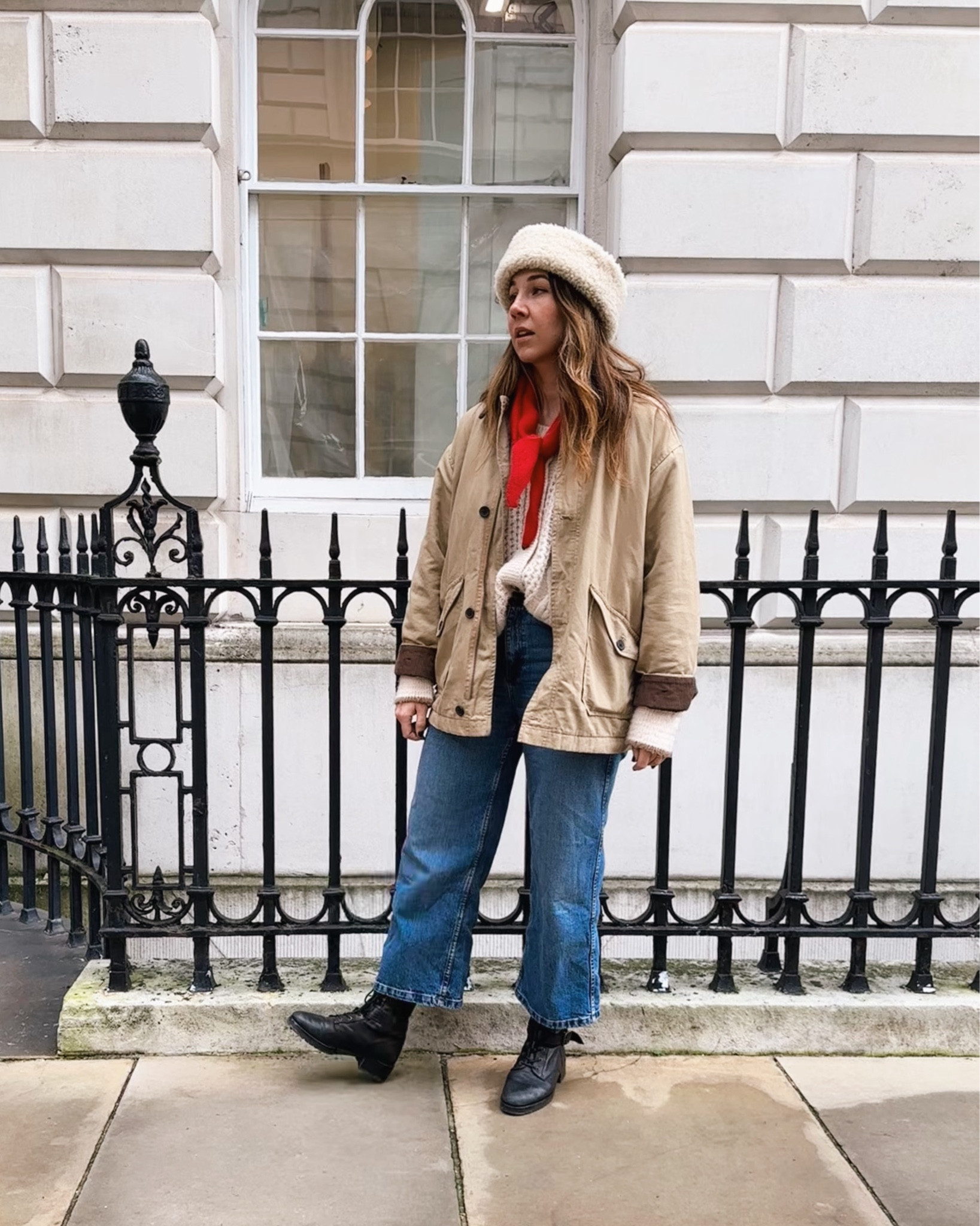 Obsessed with this hat.
Barn jackets, jeans, triangle neck scarf. 

#LTKwinter #LTKuk #LTKeurope