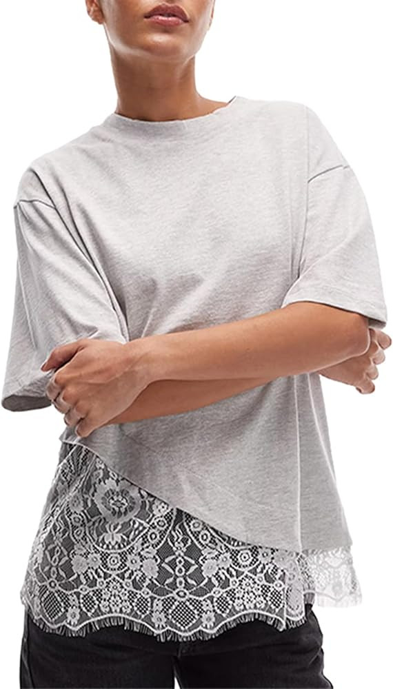 Womens Floral Lace Hem T Shirt - Sexy Casual Top with Short Sleeve for Daily Wear Workout Y2K Cre... | Amazon (US)