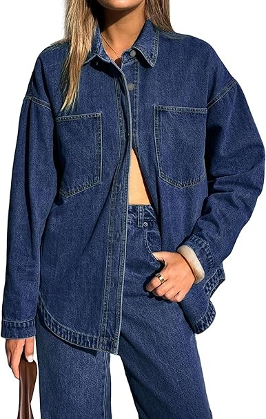 EMMIOL Women Denim Shirts Oversized Long Sleeve Button Down Blouse Distresse Jean Jacket Fall Out... | Amazon (US)