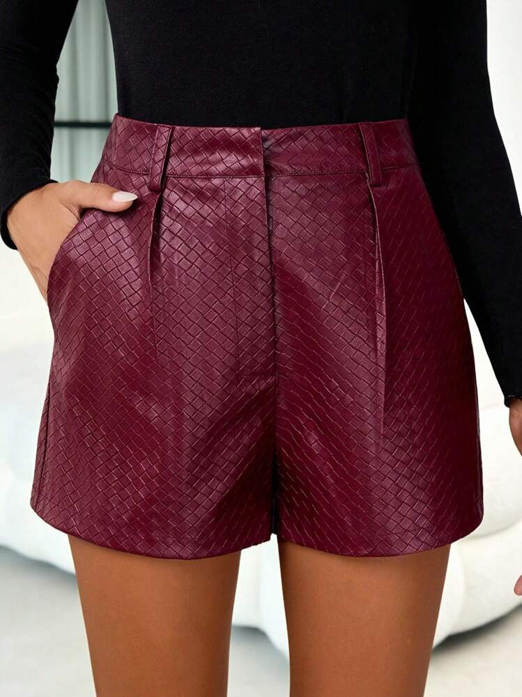 Lavishia Women's PU Leather Embossed Oblique Pocket Shorts, Autumn | SHEIN