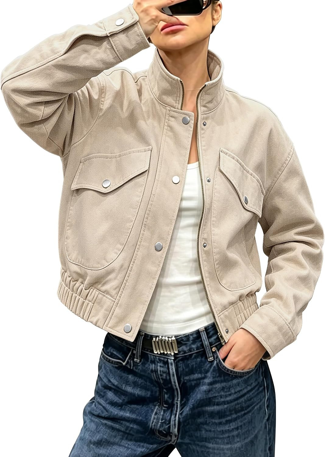 FOMELY Women's Bomber Jackets Cropped Denim Jacket with Pockets | Amazon (US)