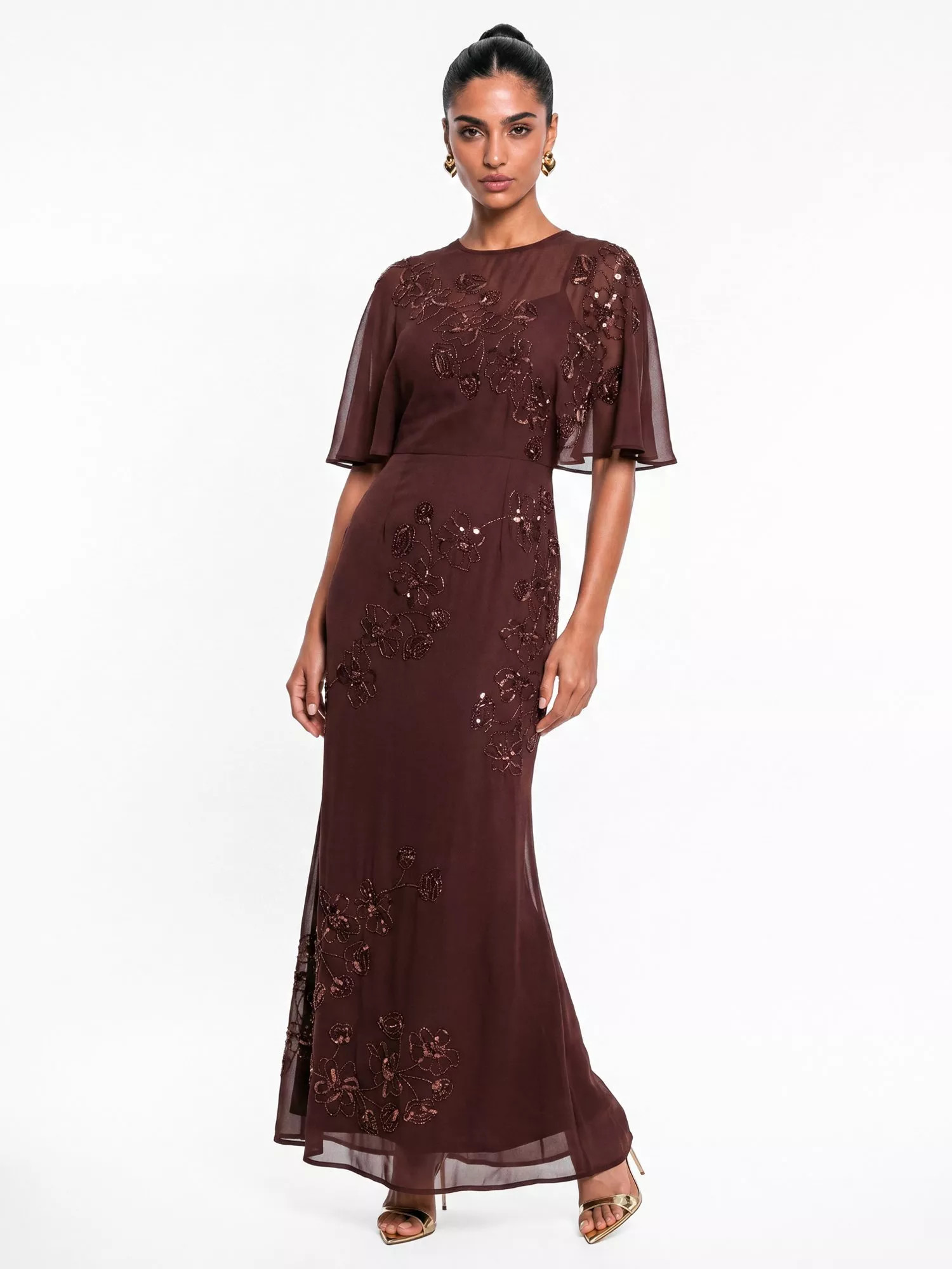 Maya Deluxe Floral Sequin Maxi Dress, Espresso | John Lewis (UK)