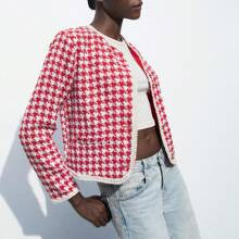 Women Red Houndstooth Print Trimmed Short Casual Jacket Autumn | SHEIN