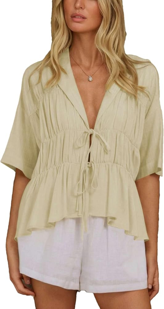Mingzhu Women's Linen Plus Size Bow Tie Front Peplum Blouse Short Sleeve Deep V Neck Pleated Baby... | Amazon (US)