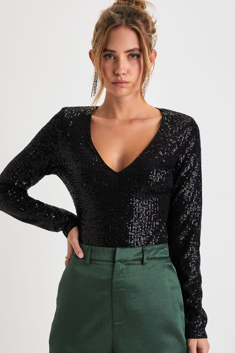 Sparkling Evenings Black Sequin V-Neck Long Sleeve Bodysuit | Lulus