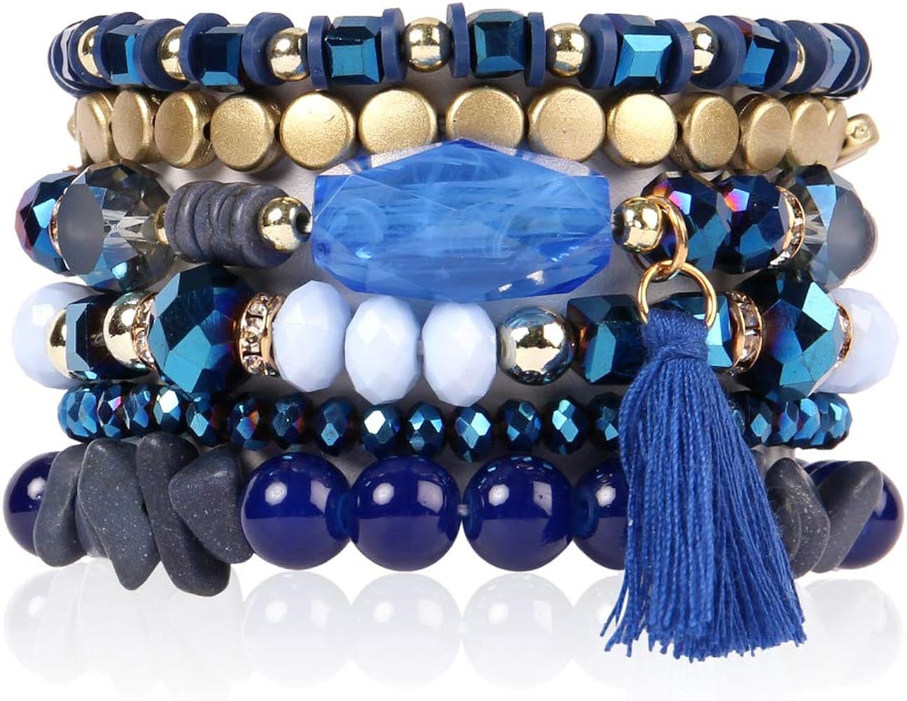 RIAH FASHION Coin Bead Multi Layer Versatile Statement Bracelets - Stackable Beaded Strand Stretch B | Amazon (US)