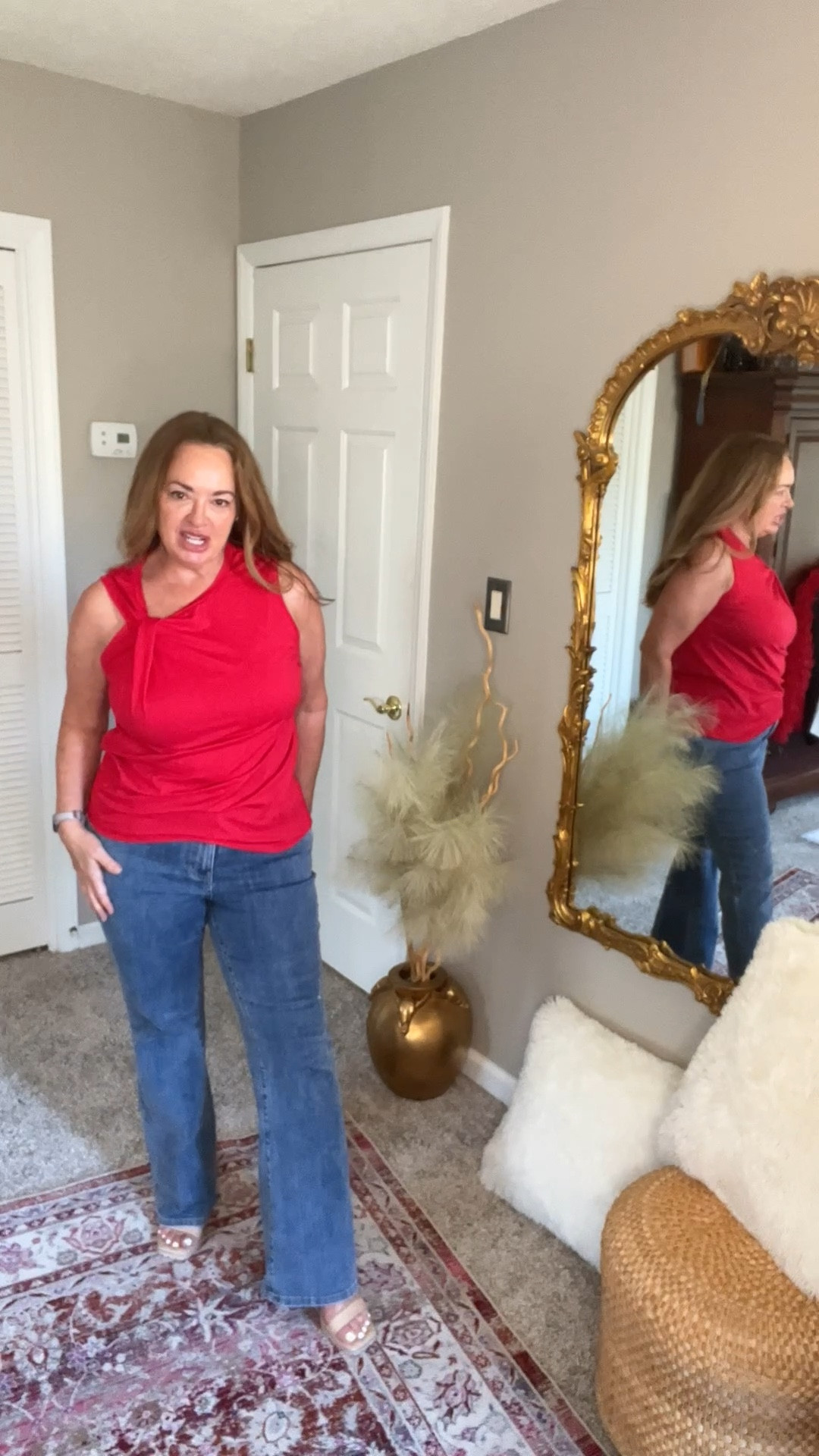 Super cute red top with gathered strap design. 

#LTKOver40 #LTKMidsize