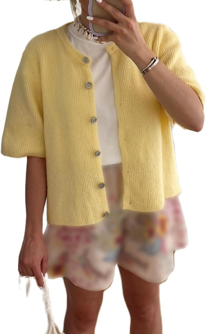 Women Y2k Crop Knit Cardigan T-Shirt Short Sleeve Button Down Casual Knitted Tees Y2k Girls Crop ... | Amazon (US)