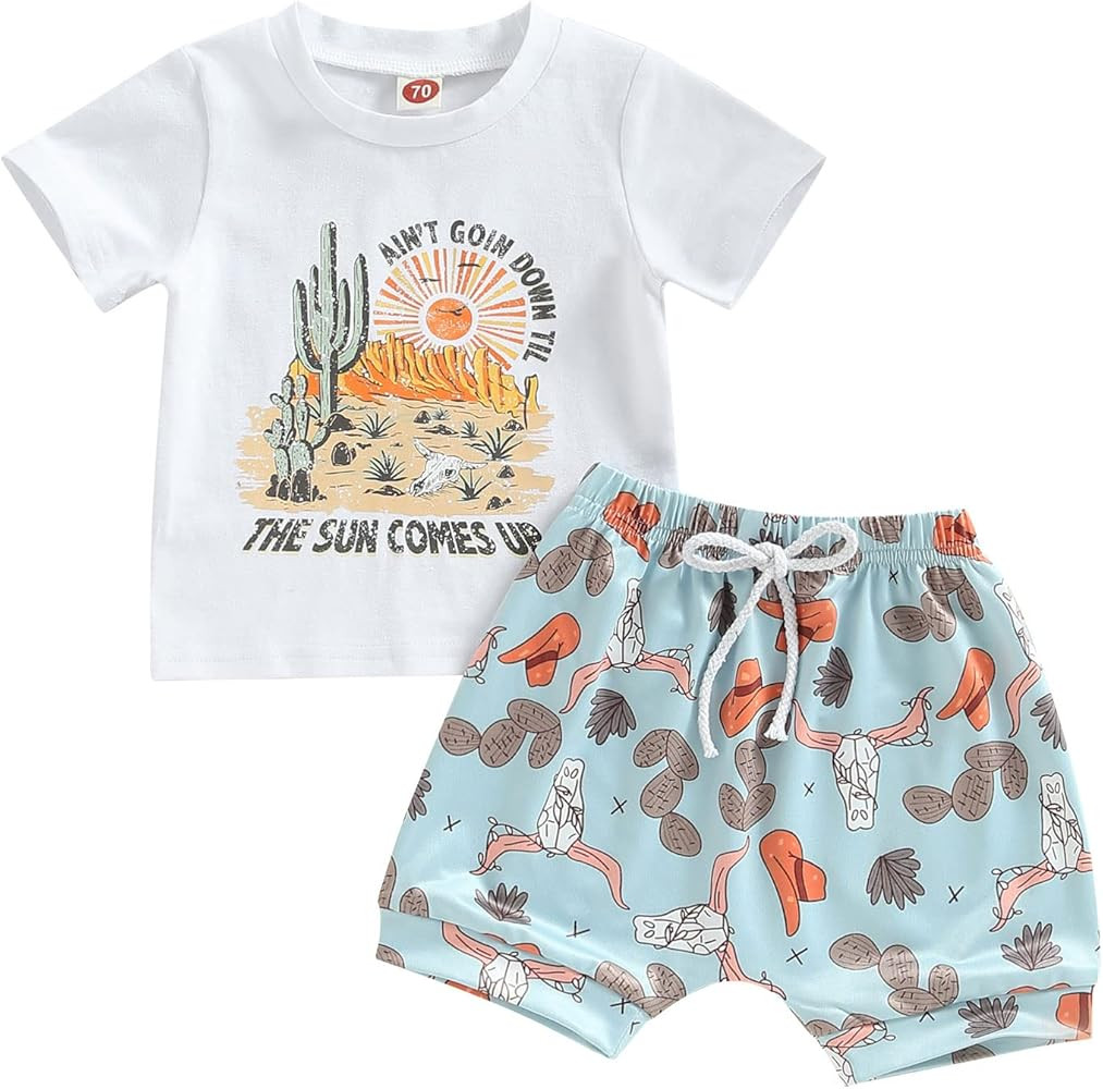 Amiblvowa Cute Western Baby Boy Summer Clothes Cow Print T Shirt Jogger Shorts Set Newborn Toddler Cowboy Country Outfit | Amazon (US)