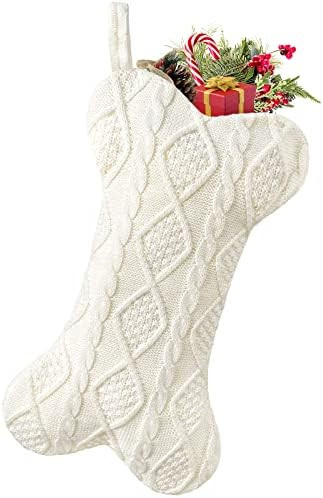 Malier Dog Christmas Stocking, Knit White Christmas Stocking for Dogs, Bone Shape Dog Stocking Ch... | Amazon (US)
