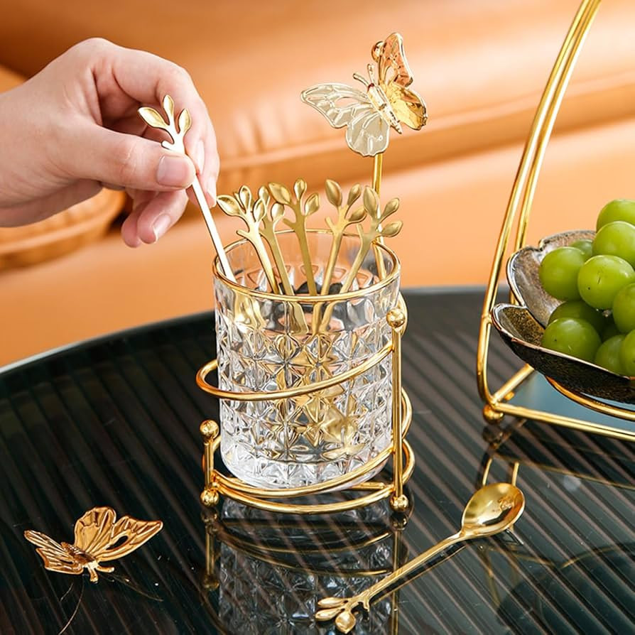 6PCS Coffee Spoons Set with Glass Holder,Small Stainless Steel Gold Tea Spoons,Mini Dessert Spoon... | Amazon (US)