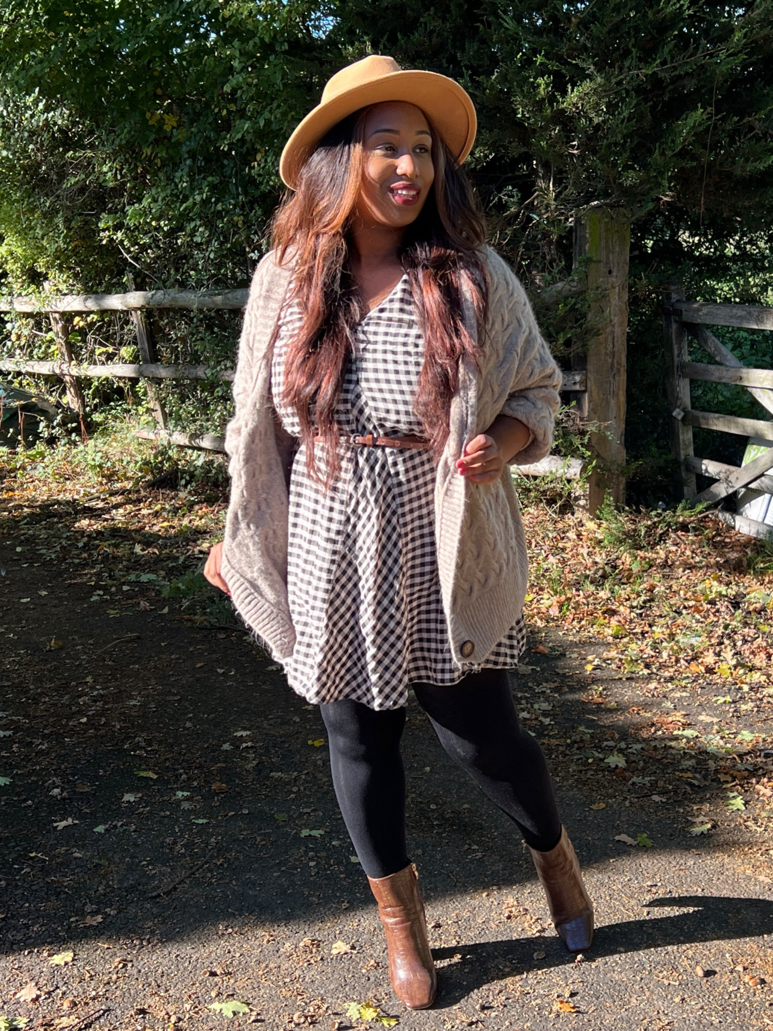 Autumn 22’ Look, Gingham mini Dress, Brown belt, Fedora hat, Beige knitted Cardigan, Black tights, Brown ankle boots

#LTKcurves #LTKSeasonal #LTKeurope