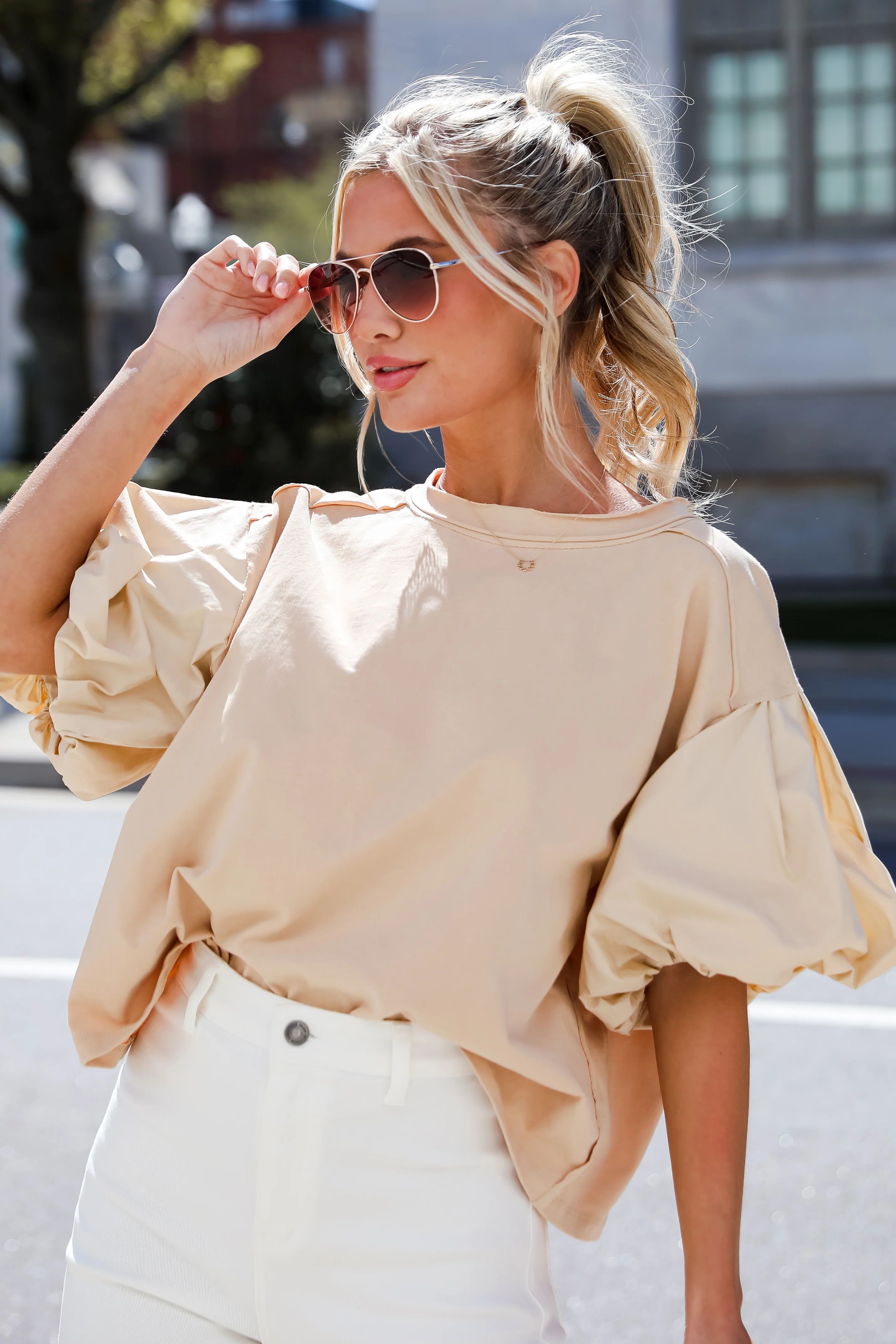 Own The Moment Taupe Contrast Puff Sleeve Top | Dress Up